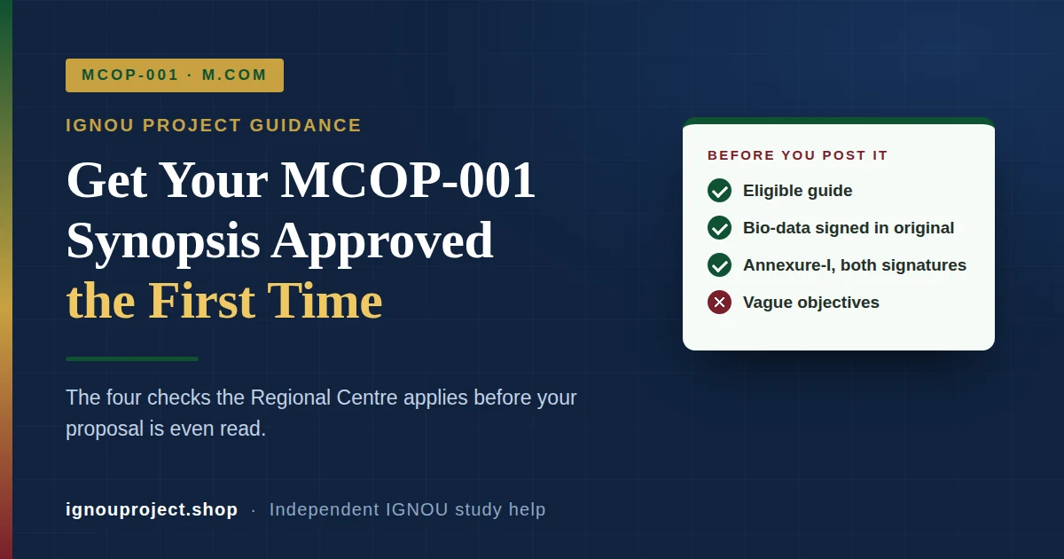 Documentation checks applied to an IGNOU MCOP-001 synopsis